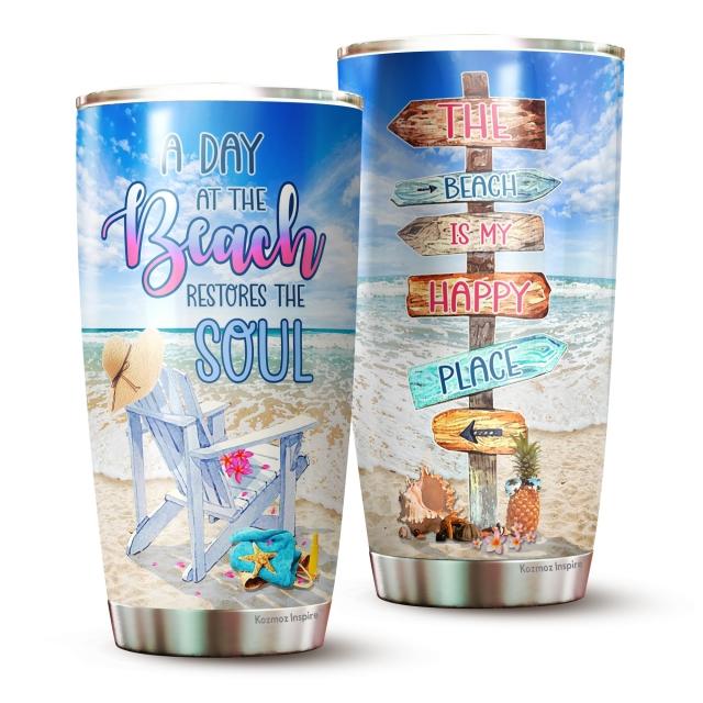 A Day At The Beach Restore The Soul Tumbler - Beach Gifts For Women -Beach Insulated Tumbler - Beach Tumbler For Women, Girls - Birthday Gifts For Girls, Women